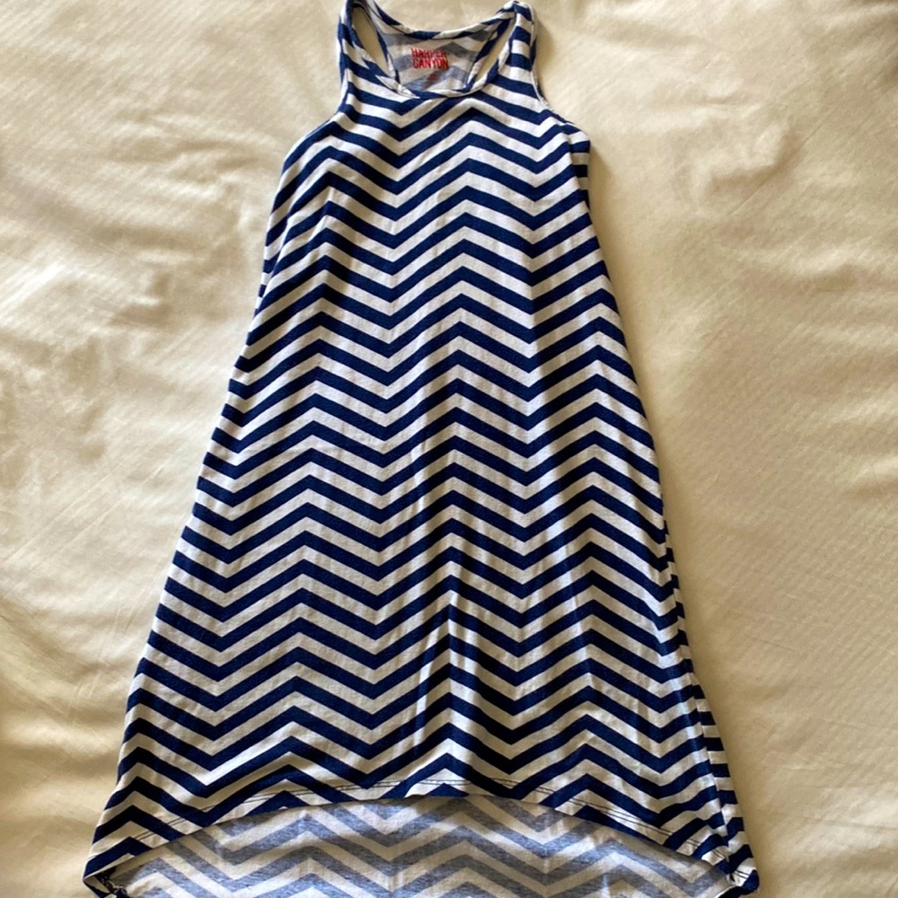 Harper Canyon blue and white striped, long, two length kids dress.